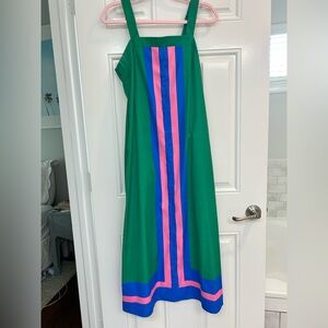 Green Maxi Dress with Pink and Blue Vertical Stripe